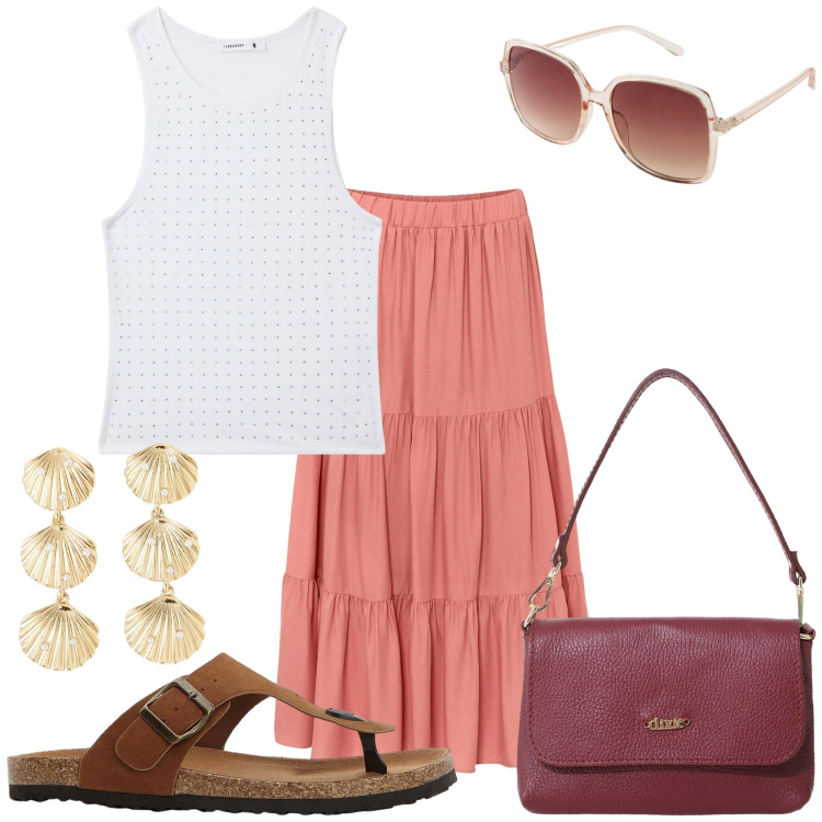 Outfit donna - Estate in tutta tranquillità. Stile Trendy per Tutti i giorni. Abbinamento con gonne longuette, occhiali da sole, infradito, orecchini, top, borse a tracolla.