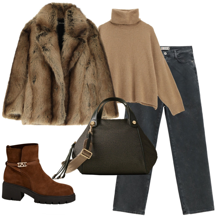 Outfit donna - Fall. Stile Casual chic per Tutti i giorni. Abbinamento con jeans dritti, vestiti corti, borse a mano, stivaletti, maglieria.