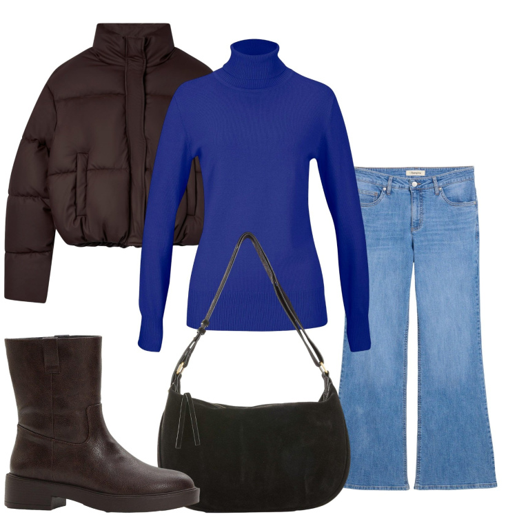 Outfit donna - Il mio Novembre. Stile Casual per Tutti i giorni. Abbinamento con maglieria, borse a mano, jeans a zampa, stivaletti, bomber.