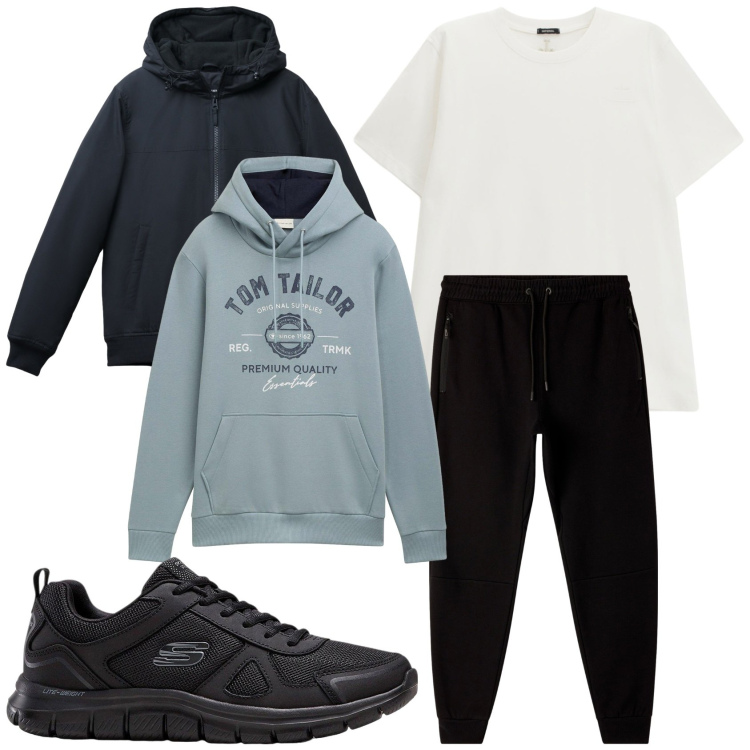 Outfit uomo - Sportivo in grigio e nero. Stile Casual per Tutti i giorni. Abbinamento con sneakers, felpe con cappuccio, giacche, pantaloni sportivi, t-shirt.