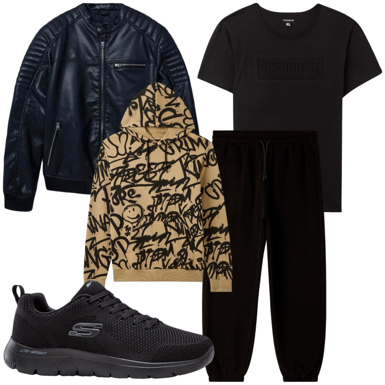 Outfit uomo - Nero sportivo. Stile Urban per Tutti i giorni. Abbinamento con sneakers, felpe con cappuccio, giacche, t-shirt, pantaloni.