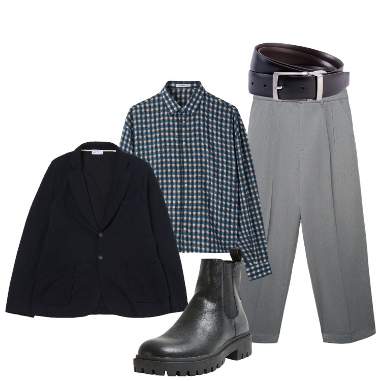 Outfit uomo - Total look #2272591. Stile Trendy per Ufficio. Abbinamento con stivali e stivaletti, giacche, pantaloni, camicie, cinture.