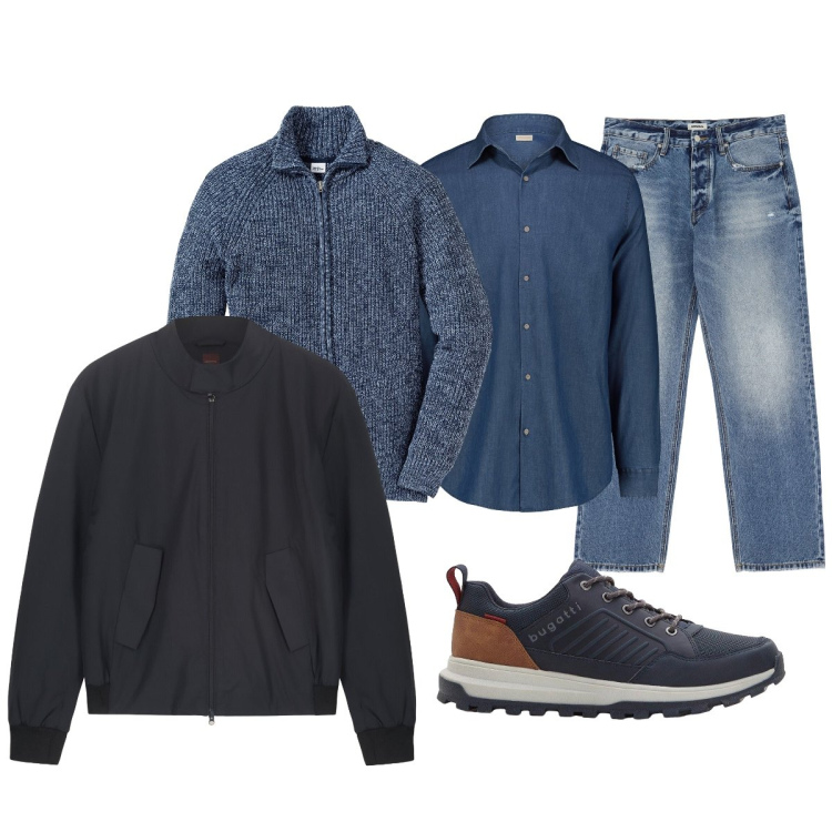 Outfit uomo - Total look #2272592. Stile Casual per Ufficio. Abbinamento con cardigans, sneakers, jeans, bomber, camicie.