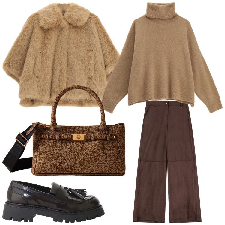 Outfit donna - Stilosa. Stile Chic per Serata fuori. Abbinamento con blazer, maglieria, mocassini, pantaloni a palazzo, borse a mano.