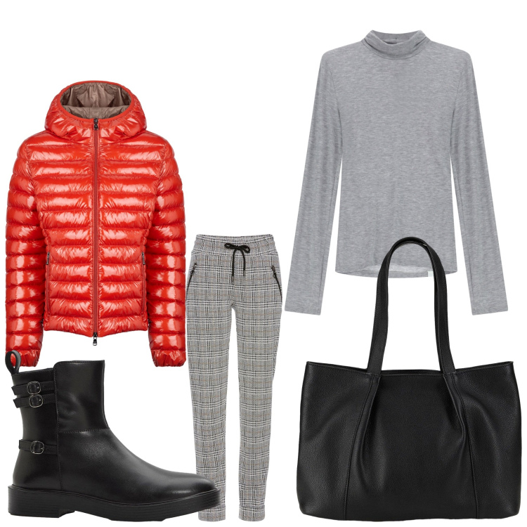 Outfit donna - Tutti i giorni. Stile Casual per Tutti i giorni. Abbinamento con pantaloni, shopping bag, stivaletti, maglieria, blazer.