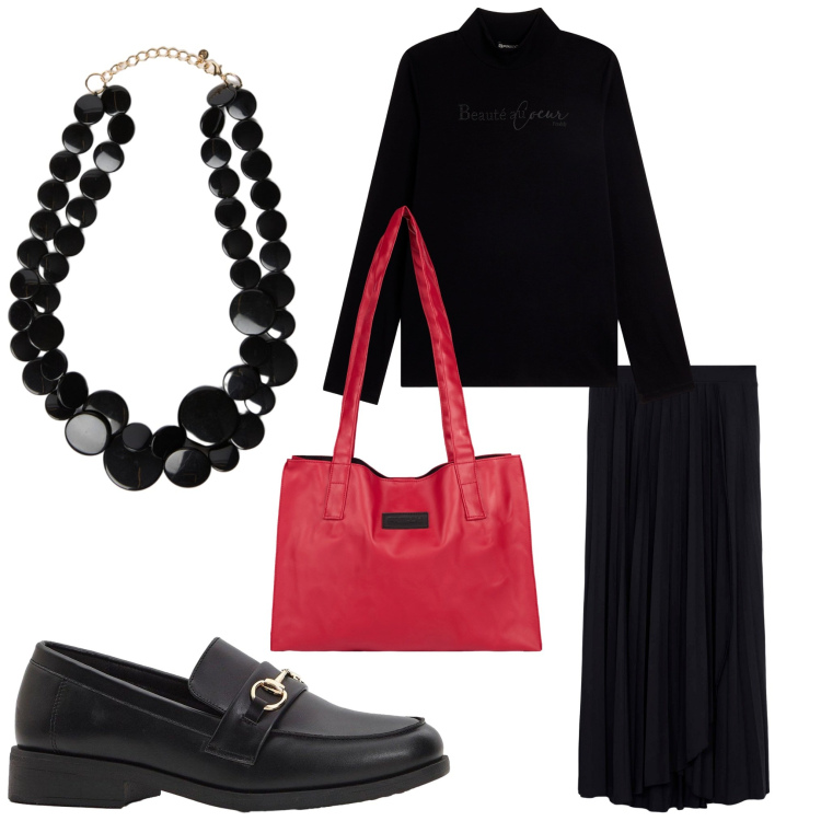 Outfit donna - Sempre ok. Stile Casual chic per Ufficio. Abbinamento con mocassini, gonne lunghe, maglieria, shopping bag, collane.