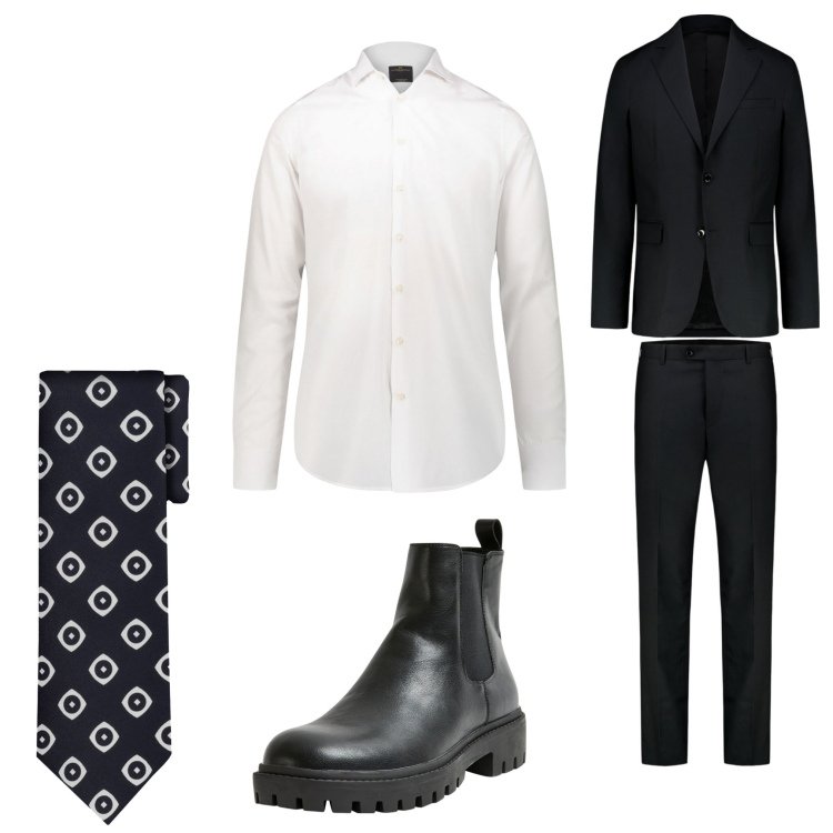 Outfit uomo - Classico. Stile Business/Elegante per Serata speciale. Abbinamento con stivali e stivaletti, camicie, cravatte, abiti.