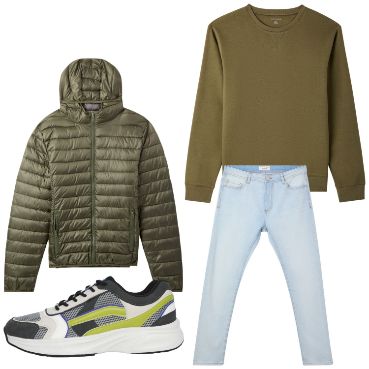 Outfit uomo - Verde bosco. Stile Casual per Tutti i giorni. Abbinamento con piumini, jeans skinny, felpe, sneakers.