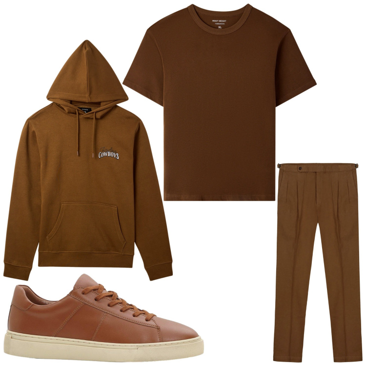 Outfit uomo - Felpa e marrone. Stile Casual per Tutti i giorni. Abbinamento con sneakers, felpe con cappuccio, t-shirt, pantaloni.