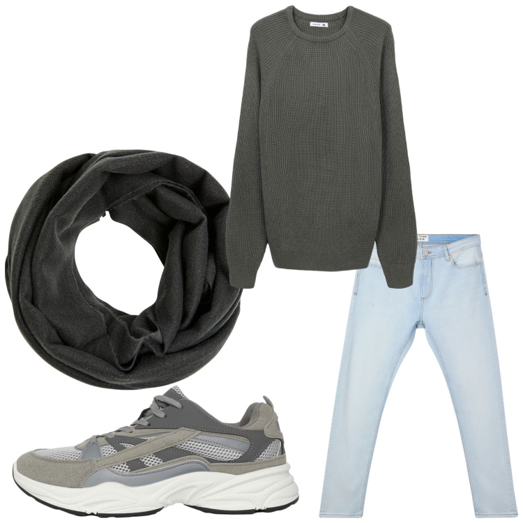 Outfit uomo - Grigio casual. Stile Casual per Tutti i giorni. Abbinamento con sciarpe, maglieria, sneakers, jeans skinny.
