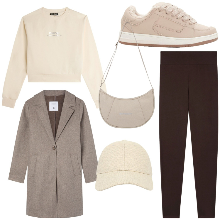 Outfit donna - Fall fashion. Stile Sporty chic per Tutti i giorni. Abbinamento con sneakers, cappelli con visiera, cappotti, leggings, borse a spalla, felpe.