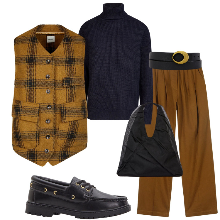 Outfit donna - Doppelganger. Stile Urban per Tutti i giorni. Abbinamento con mocassini, gilet, shopping bag, maglieria, cinture, pantaloni.