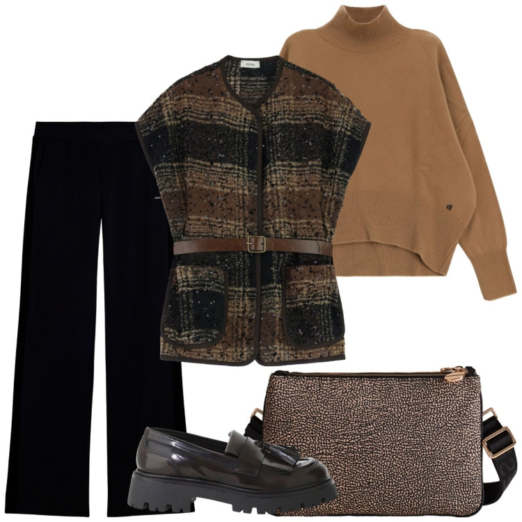 Outfit donna - Serata fuori. Stile Basic per Serata fuori. Abbinamento con maglieria, mocassini, gilet, borse a tracolla, pantaloni.