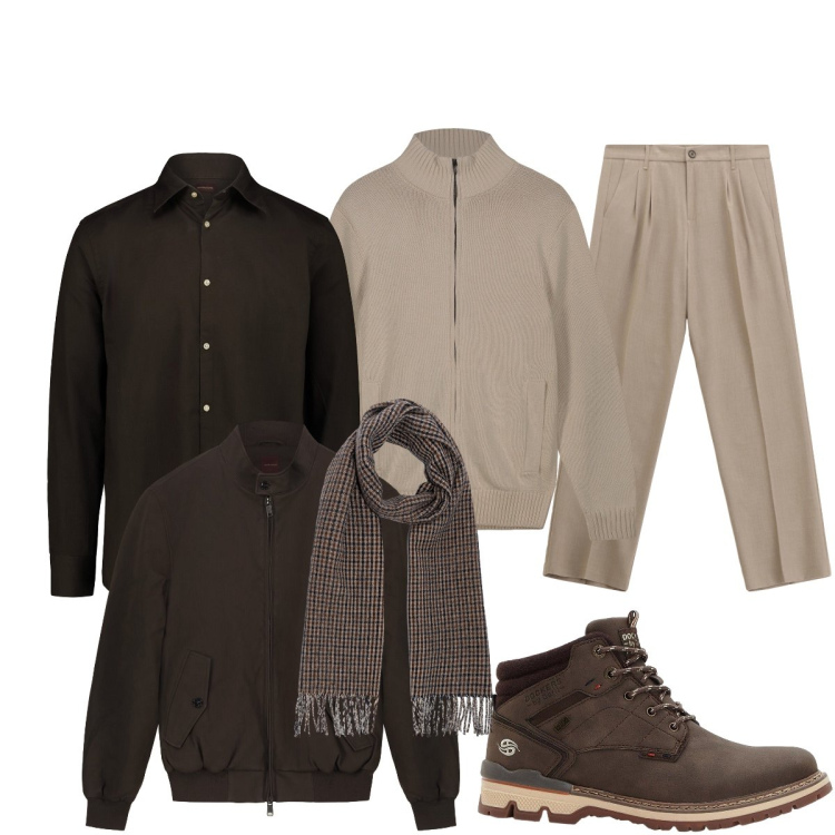 Outfit uomo - In città. Stile Trendy per Tutti i giorni. Abbinamento con stivali e stivaletti, pantaloni, camicie, sciarpe, cardigans, bomber.