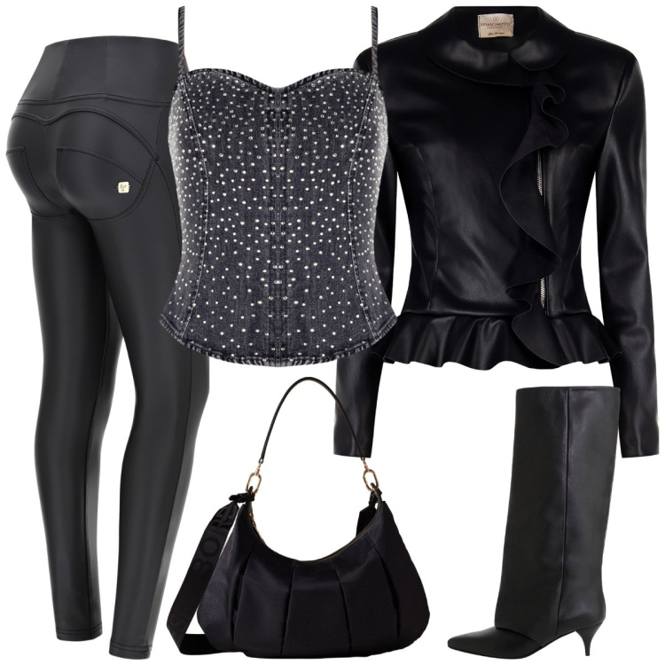 Outfit donna - Discoteca rock. Stile Rock per Serata fuori. Abbinamento con blazer, top, borse a spalla, pantaloni skinny, stivali.