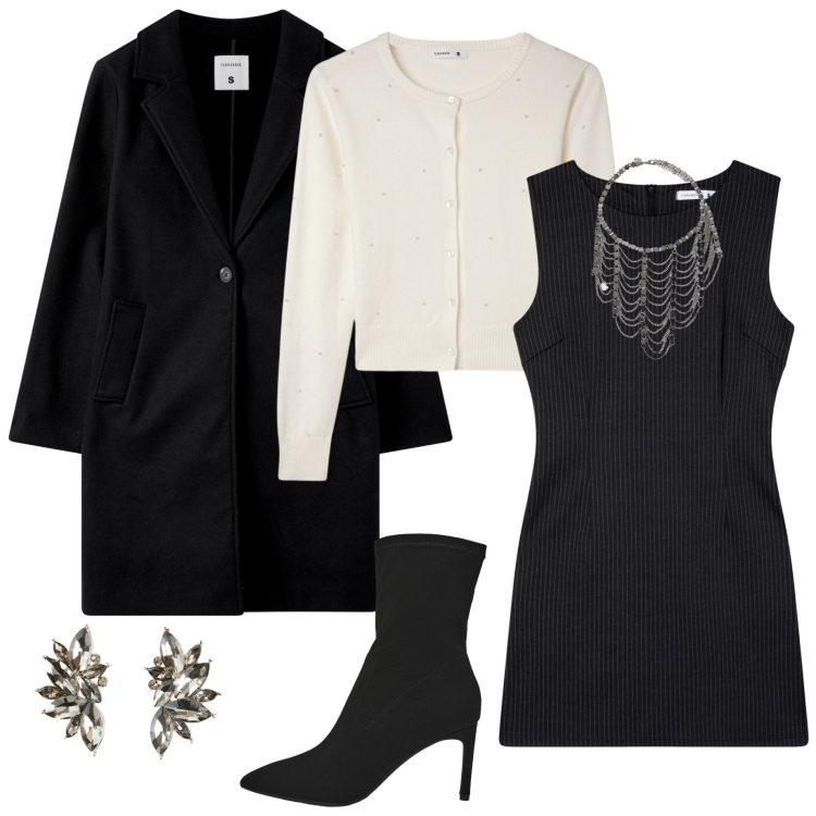 Outfit donna - Curvy chic. Stile Chic per Serata fuori. Abbinamento con orecchini, vestiti senza maniche, stivali, cappotti, cardigans, collane.