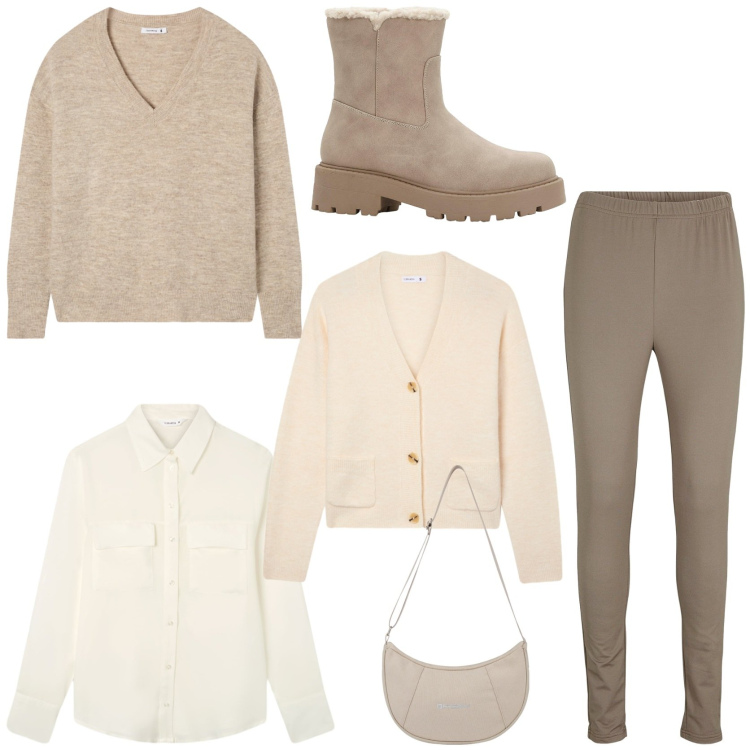 Outfit donna - Look monocromatico. Stile Casual per Tutti i giorni. Abbinamento con leggings, stivaletti, camicie, cardigans, maglieria, borse a spalla.
