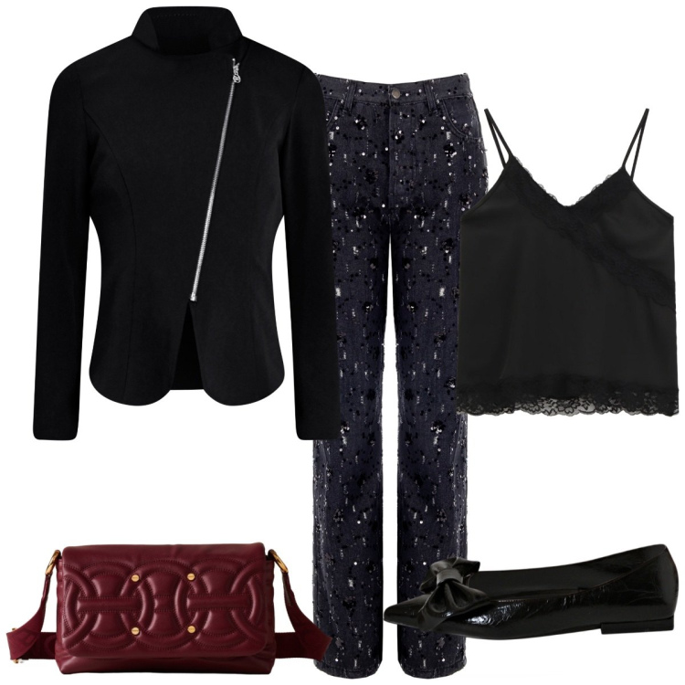 Outfit donna - Sabato sera in discoteca. Stile Rock per Serata fuori. Abbinamento con top, borse a tracolla, blazer, ballerine, pantaloni.