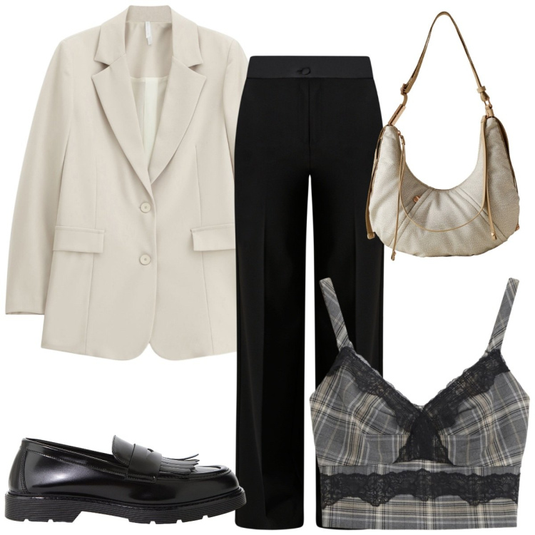 Outfit donna - Il top a quadri. Stile Basic per Tutti i giorni. Abbinamento con mocassini, top, borse a spalla, pantaloni a palazzo, blazer.