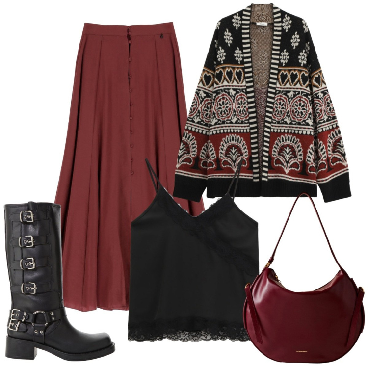 Outfit donna - Gonna a ruota. Stile Etnico per Serata fuori. Abbinamento con cardigans, stivali, gonne lunghe, top, borse a spalla.