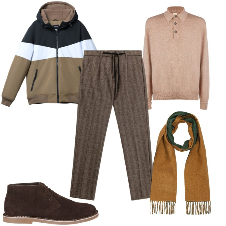 Outfit uomo - Ton su tono: marrone. Stile Trendy per Tutti i giorni. Abbinamento con piumini, pantaloni, stivali e stivaletti, sciarpe, polo.