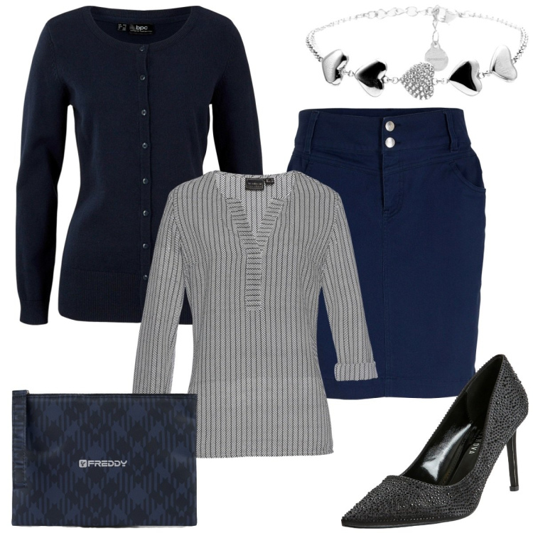 Outfit donna - Blu. Stile Casual chic per Tutti i giorni. Abbinamento con minigonne, tuniche, cardigans, décolleté, braccialetti, clutch.