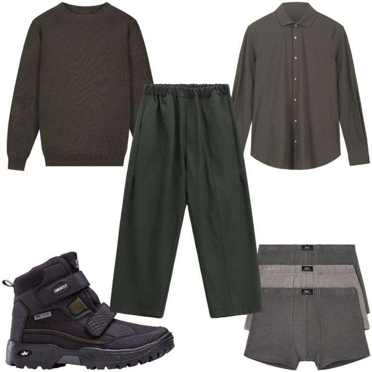 Outfit uomo - Tono su tono: grigio. Stile Casual per Tutti i giorni. Abbinamento con stivali e stivaletti, boxer, pantaloni, maglieria, camicie.