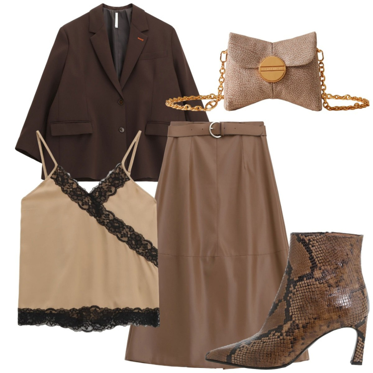 Outfit donna - Serata speciale. Stile Basic per Serata fuori. Abbinamento con stivaletti, top, borse a tracolla, gonne lunghe, blazer.