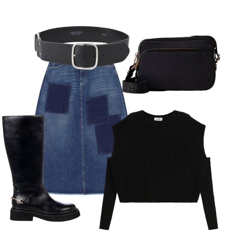 Outfit donna - La maglia con le spalle fuori. Stile Basic per Serata fuori. Abbinamento con gonne lunghe, cinture, maglieria, borse a tracolla, stivali sopra il ginocchio.