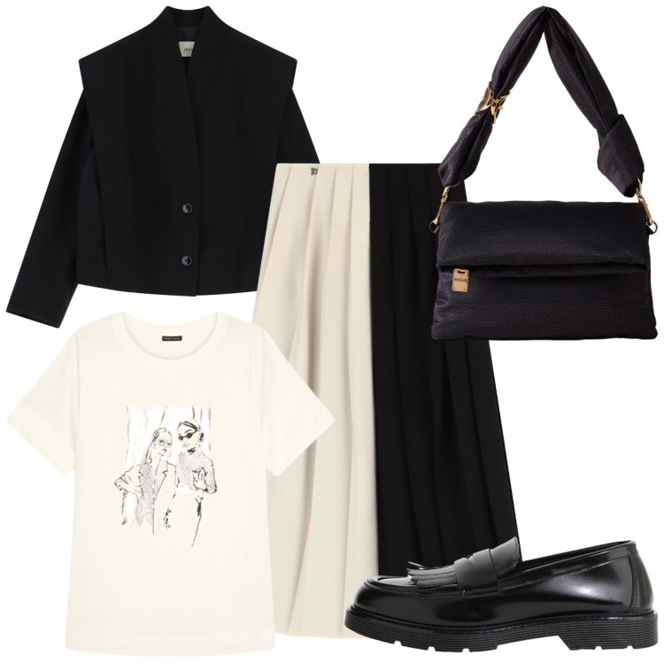 Outfit donna - La gonna black & White. Stile Casual chic per Serata fuori. Abbinamento con mocassini, gonne lunghe, blazer, borse a tracolla, t-shirt.