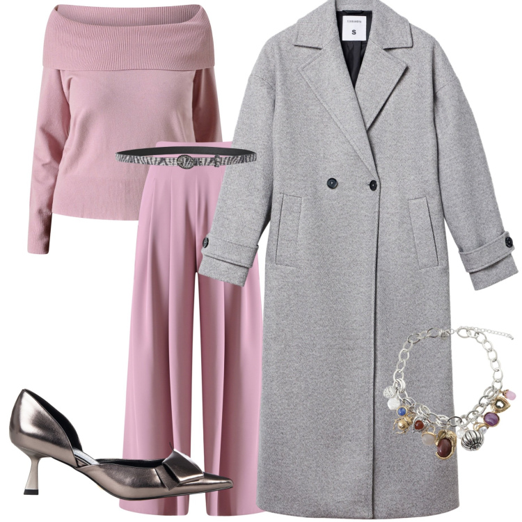 Outfit donna - Serata con amiche. Stile Casual chic per Serata fuori. Abbinamento con cinture, cappotti, décolleté, pantaloni a palazzo, maglieria, braccialetti con ciondoli.