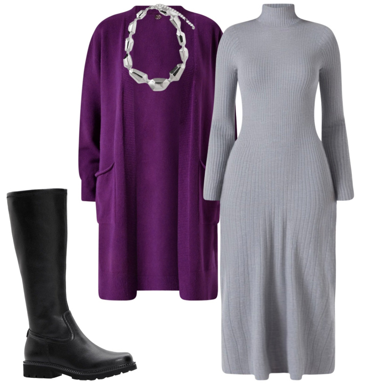 Outfit donna - Curvy style. Stile Casual chic per Tutti i giorni. Abbinamento con stivali, vestiti midi/longuette, cardigans, ciondoli.