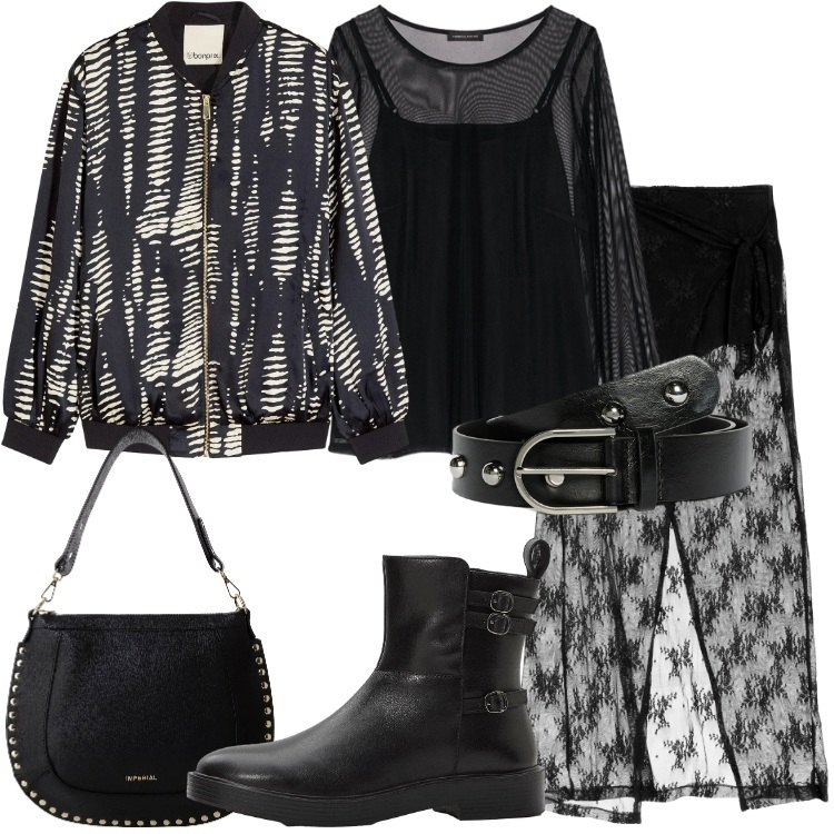 Outfit donna - Idee per Halloween. Stile Rock per Serata fuori. Abbinamento con stivaletti, bomber, borse a spalla, gonne lunghe, cinture, bluse.