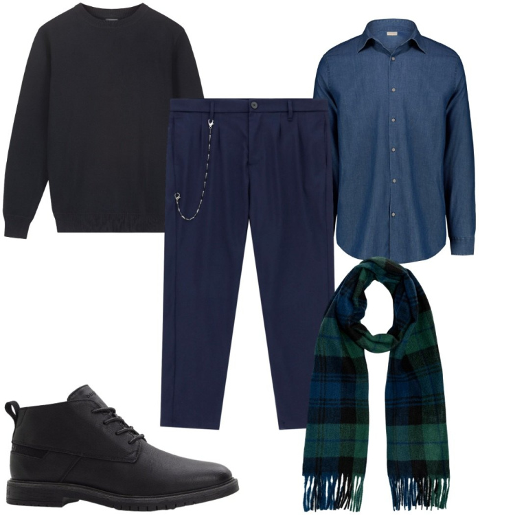 Outfit uomo - Total look #2272652. Stile Casual per Ufficio. Abbinamento con stivali e stivaletti, pantaloni, camicie, maglieria, sciarpe.