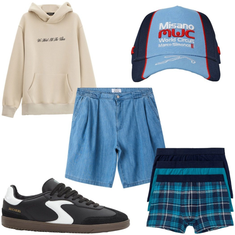 Outfit uomo - Total look #2272653. Stile Trendy per Tutti i giorni. Abbinamento con boxer, sneakers, cappelli, shorts, felpe con cappuccio.