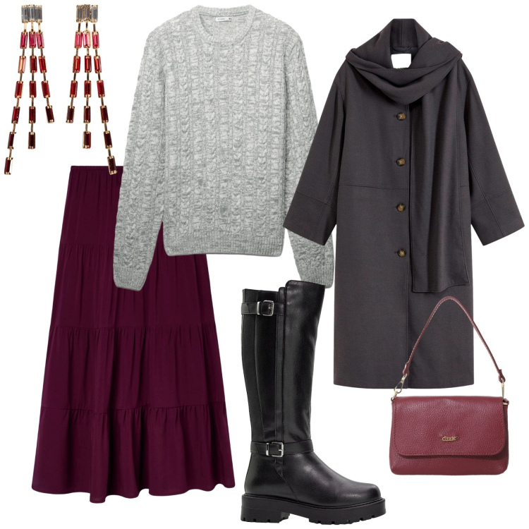 Outfit donna - Cappotto lungo. per Tutti i giorni. Abbinamento con orecchini, cappotti, stivali, gonne lunghe, pullovers, borse a tracolla.