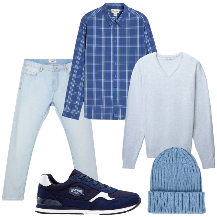 Outfit uomo - Total look #2272657. Stile Trendy per Ufficio. Abbinamento con sneakers, camicie, maglieria, jeans skinny, berretti.