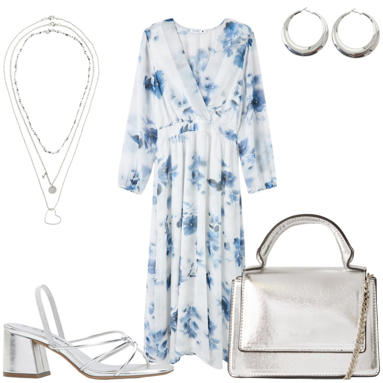 Outfit donna - Vestito lungo con scollo. Stile Trendy per Tutti i giorni. Abbinamento con collane, sandali col tacco, vestiti lunghi, borse a tracolla, orecchini.