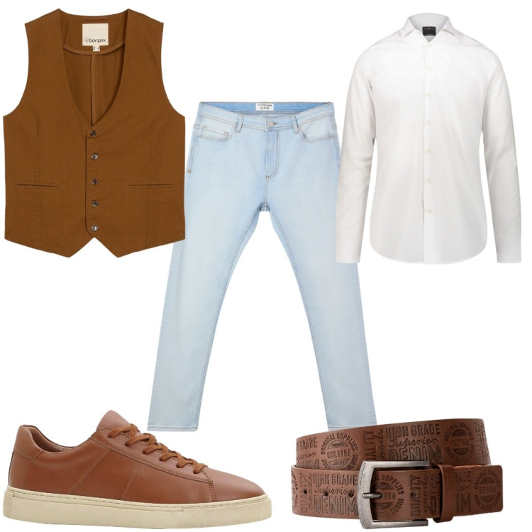 Outfit uomo - Total look #2272661. Stile Casual per Tutti i giorni. Abbinamento con cinture, gilet, sneakers, jeans skinny, camicie.