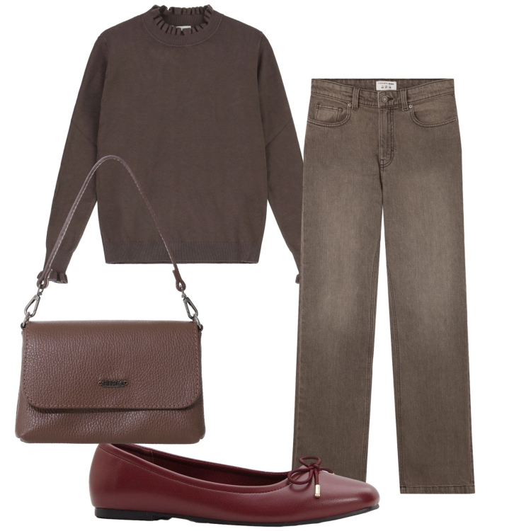 Outfit donna - Un semplice caffè. Stile Basic per Tutti i giorni. Abbinamento con ballerine, jeans bootcut, borse a tracolla, maglieria.