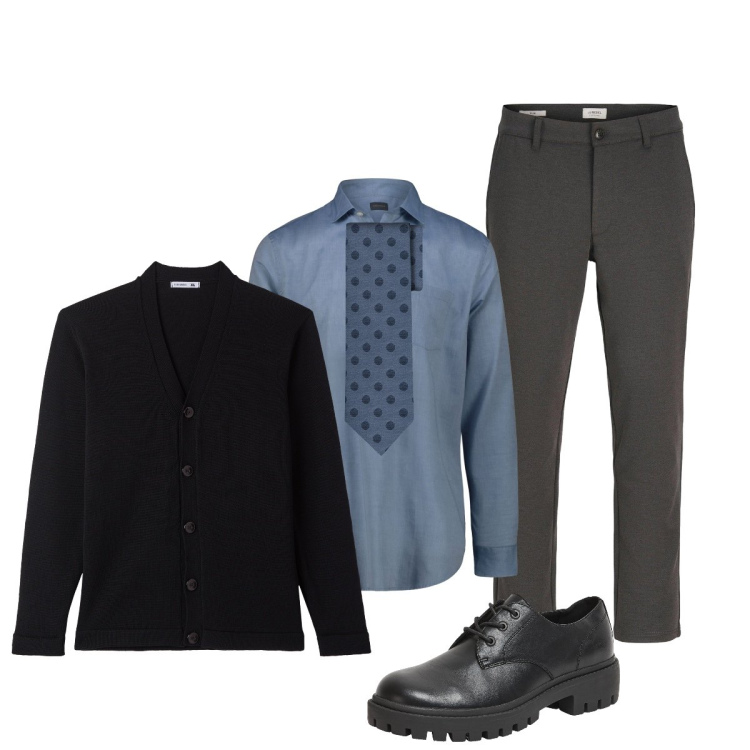 Outfit uomo - Trendy in ufficio. Stile Trendy per Ufficio. Abbinamento con pantaloni chino, scarpe stringate, cardigans, cravatte, camicie.