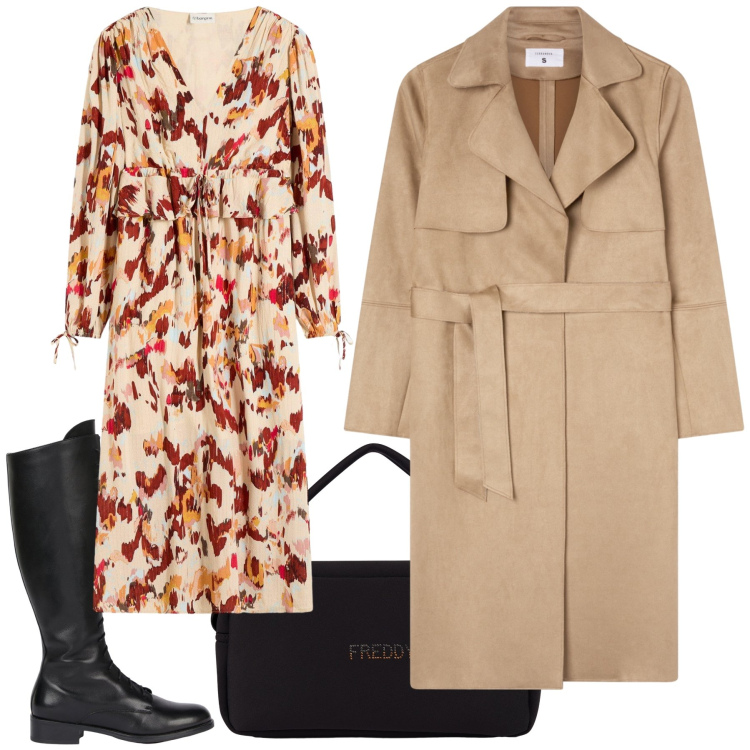 Outfit donna - Domenica al ristorante. Stile Urban per Tutti i giorni. Abbinamento con vestiti midi/longuette, trench, borse a mano, stivali.