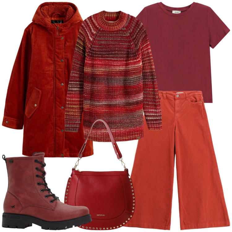 Outfit donna - Il rosso scuro per la giornata. Stile Urban per Tutti i giorni. Abbinamento con parka, maglieria, stivaletti, pantaloni, t-shirt, borse a spalla.