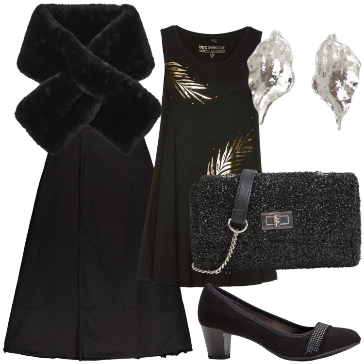 Outfit donna - Piume. Stile Bon Ton per Serata fuori. Abbinamento con décolleté, top, borse a tracolla, sciarpe, orecchini, gonne lunghe.