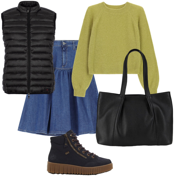 Outfit donna - Comodamente in smanicato. Stile Casual per Tutti i giorni. Abbinamento con shopping bag, sneakers alte, gonne longuette, piumini, maglieria.