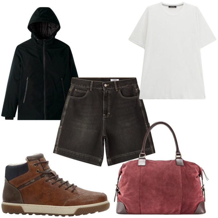 Outfit uomo - Total look #2272673. Stile Trendy per Tutti i giorni. Abbinamento con sneakers alte, bermuda, giacche, t-shirt, borse sportive.