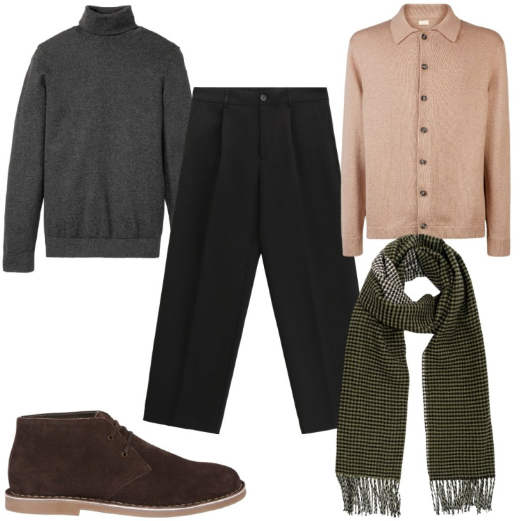 Outfit uomo - Total look #2272676. Stile Casual per Ufficio. Abbinamento con maglieria, pantaloni, stivali e stivaletti, polo, sciarpe.