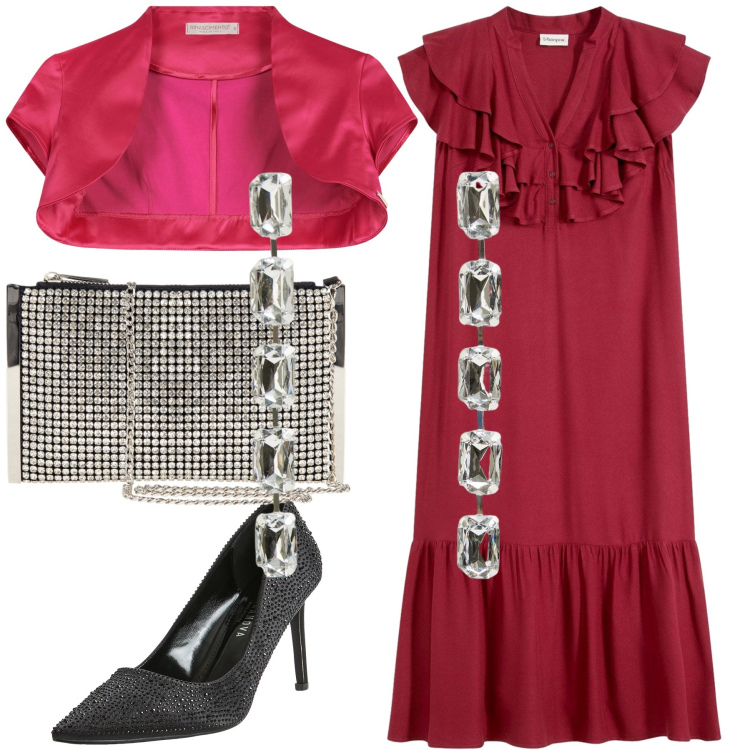 Outfit donna - Luce alla cerimonia. Stile Glamour per Cerimonia. Abbinamento con vestiti midi/longuette, décolleté, orecchini, bolero, pochette.