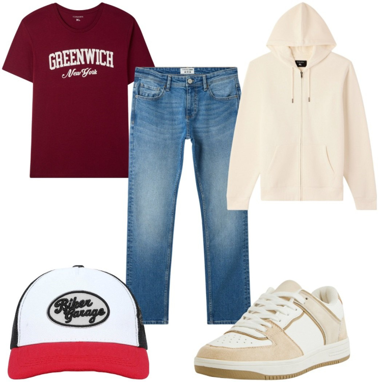 Outfit uomo - Total look #2272678. Stile Trendy per Tutti i giorni. Abbinamento con jeans, sneakers, cappelli con visiera, felpe con cappuccio, t-shirt.
