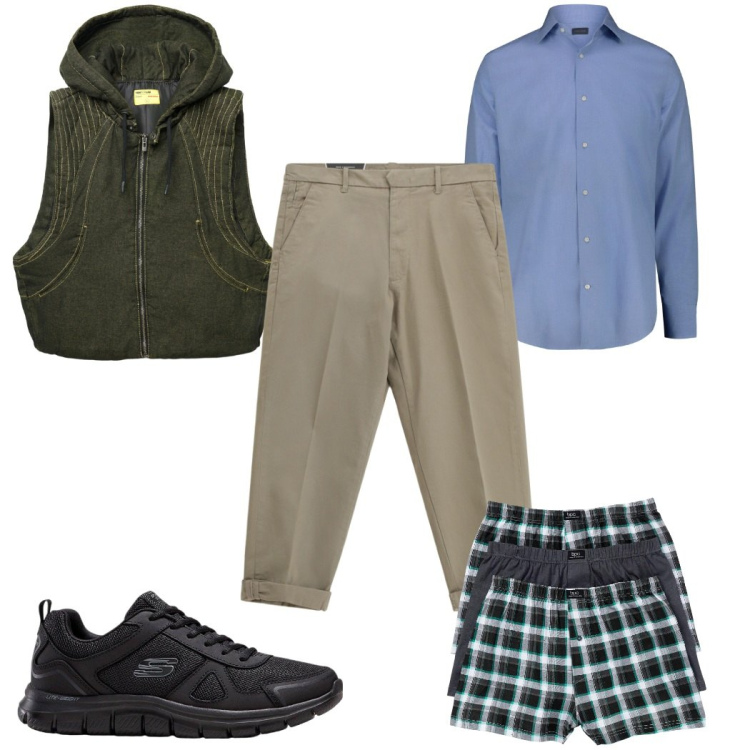 Outfit uomo - Total look #2272681. Stile Trendy per Tutti i giorni. Abbinamento con boxer, sneakers, gilet, pantaloni chino, camicie.